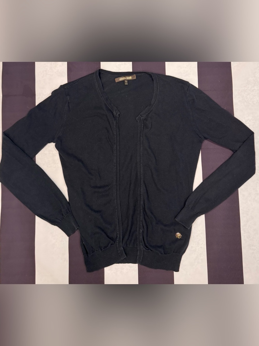 Roberto Cavalli Black Open Cardigan with Gold Logo Emblem